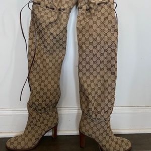 Gucci Monogram GG logo over the knee boots Canvas Supreme beige